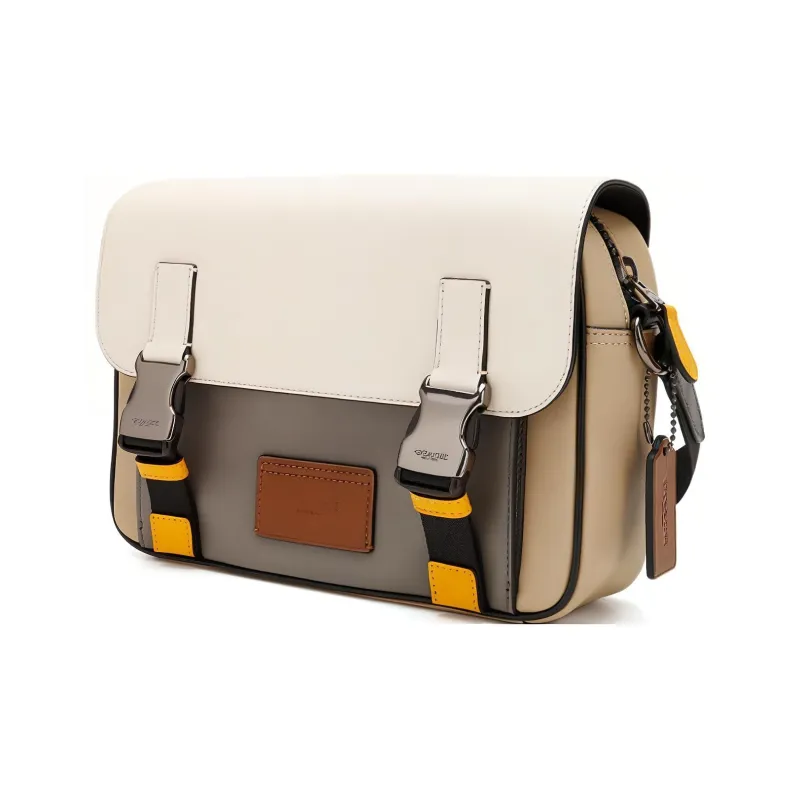 COACH Track Leather Messenger Bag, Shoulder Bag, Crossbody Bag Medium Size Men's White/Lime Gray-1