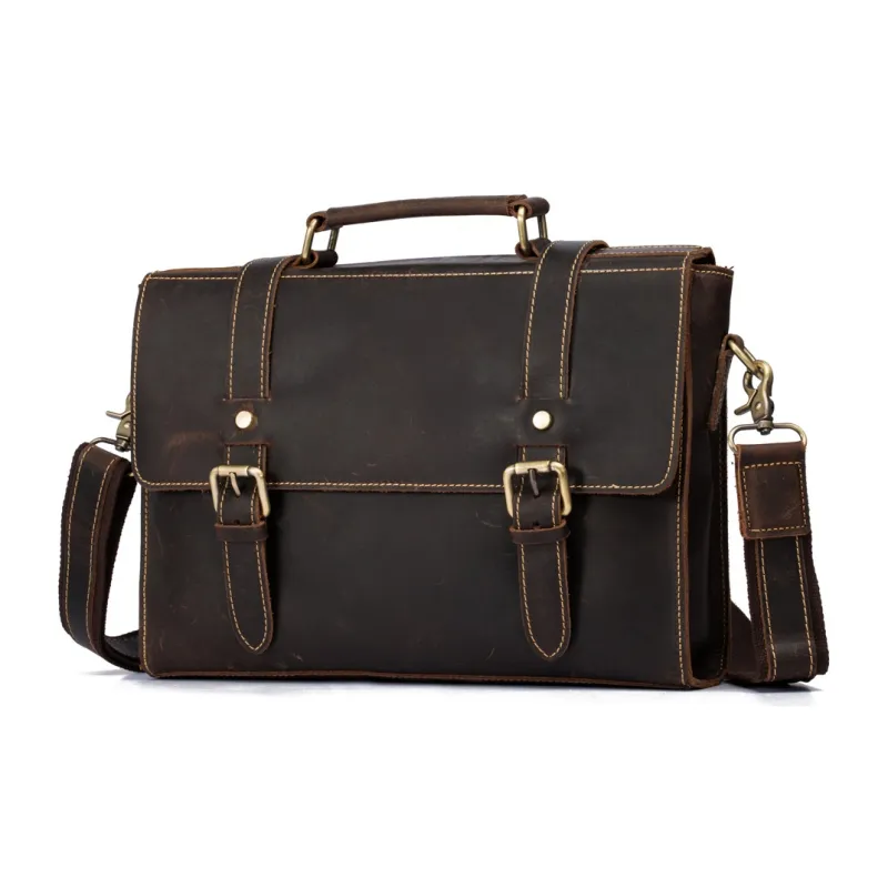 DOSRFINI Cow Leather Briefcase Crossbody One Shoulder Handbag Regular Men's Dark Coffee/Brown-4