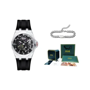 DOM Cut-Out Mechanical Collection Mechanical Movement Rubber Strap Watch Unisex Black Dial