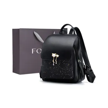 FOXER Cow Leather Handbag, Shoulder Bag, Backpack Medium Size Women's Black