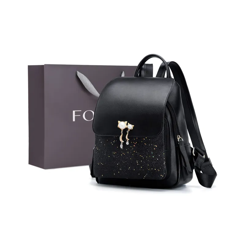 FOXER Cow Leather Handbag, Shoulder Bag, Backpack Medium Size Women's Black-0