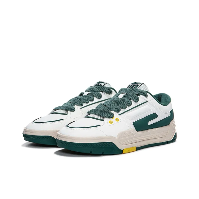 Erke Slip Resistant Water Resistant Cushioned Wear Resistant Low Top Skateboard Shoes Men's White Green-1