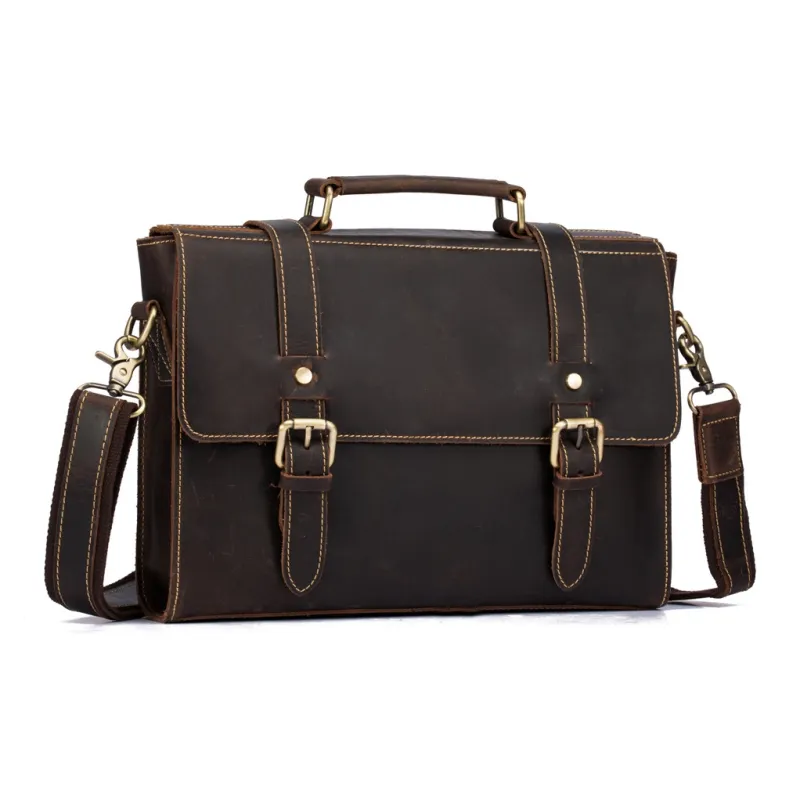 DOSRFINI Cow Leather Briefcase Crossbody One Shoulder Handbag Regular Men's Dark Coffee/Brown-2