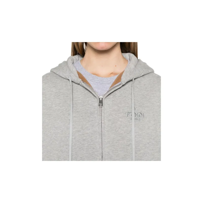 FENDI Logo Embroidered Zip Up Drawstring Hoodie-5