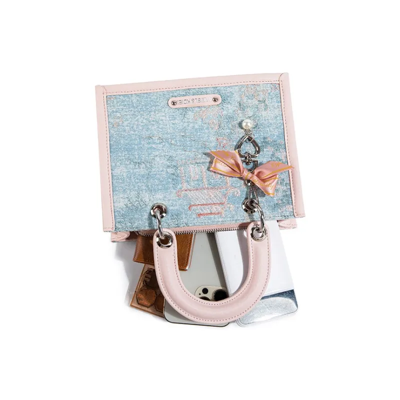CAEISL&KCIEL Polyurethane Synthetic Leather Handbag Women's Blue And White Embroidered Pink-5