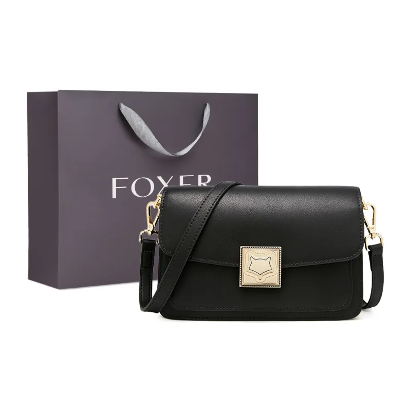 FOXER Cow Leather Small Square Bag Shoulder Bag Small Size Women's Black/Coffee-5