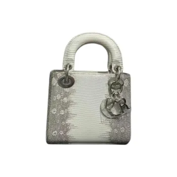 DIOR Lady Dior Lizard Skin Shoulder Bag Crossbody Bag Handbag Mini Women's Gray/Milk White