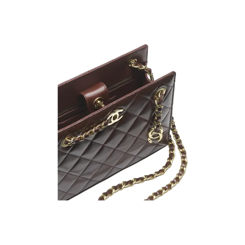 CHANEL Lambskin Tote Bag, Shopping Bag, Shoulder Bag, Handbag Trumpets Women's Dark Brown-3