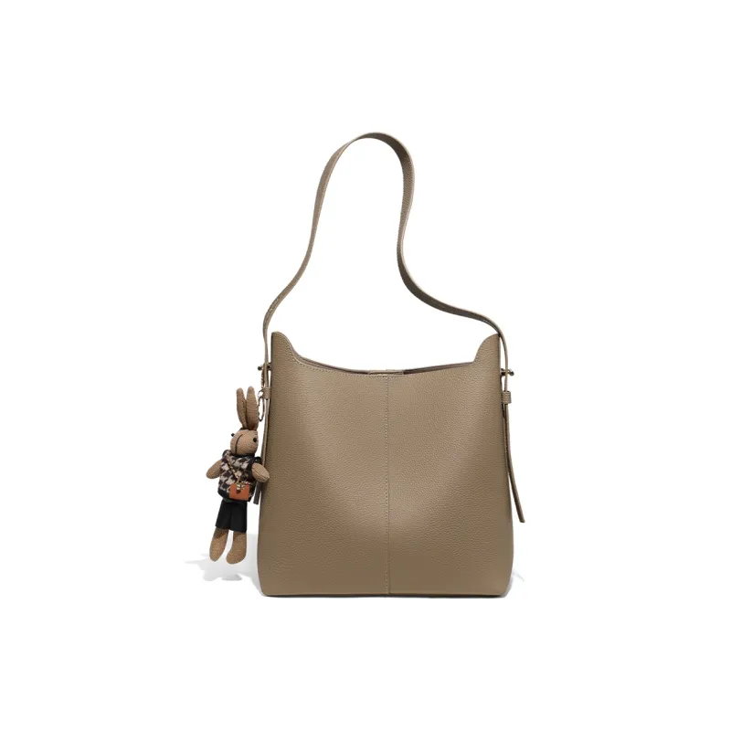 COMELY Cow Leather Bonded Synthetic Leather Bucket Bag Shoulder Bag Regular Women's Khaki-3