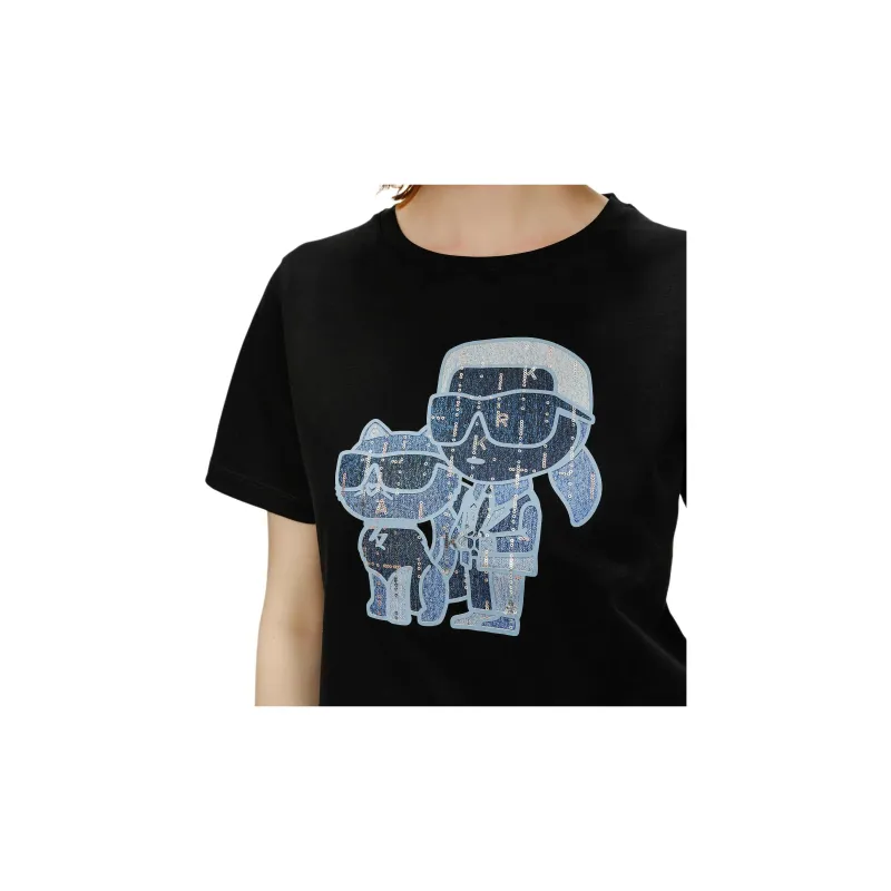 KARL LAGERFELD Solid Color Crew Neck Short Sleeved Shirt T Shirt Women's Black-4