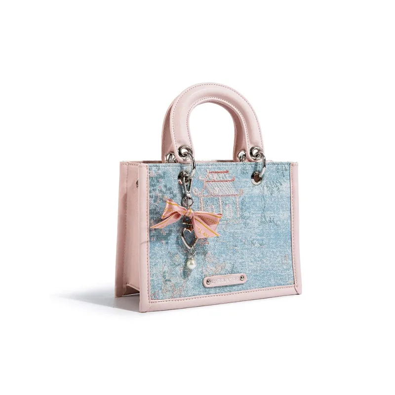 CAEISL&KCIEL Polyurethane Synthetic Leather Handbag Women's Blue And White Embroidered Pink-3