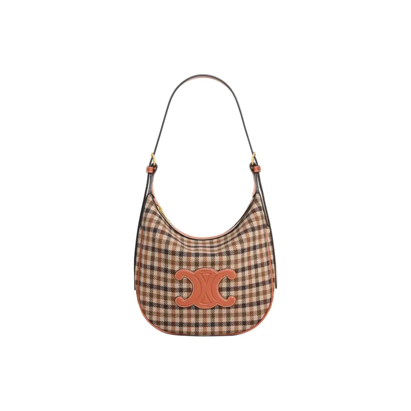CELINE Cuir Triomphe Plaid Nee Crossbody Bag, Shoulder Bag Small Size Women's Brown & Multicolor-0