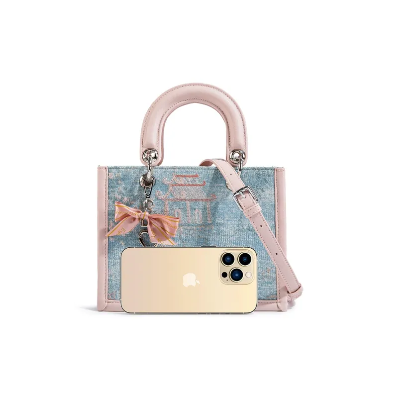 CAEISL&KCIEL Polyurethane Synthetic Leather Handbag Women's Blue And White Embroidered Pink-1