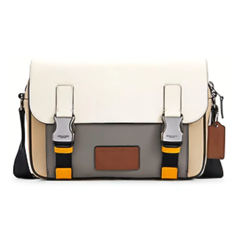 COACH Track Leather Messenger Bag, Shoulder Bag, Crossbody Bag Medium Size Men's White/Lime Gray-0