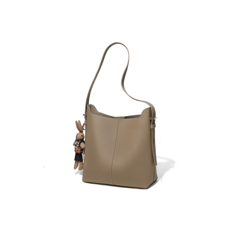 COMELY Cow Leather Bonded Synthetic Leather Bucket Bag Shoulder Bag Regular Women's Khaki-4