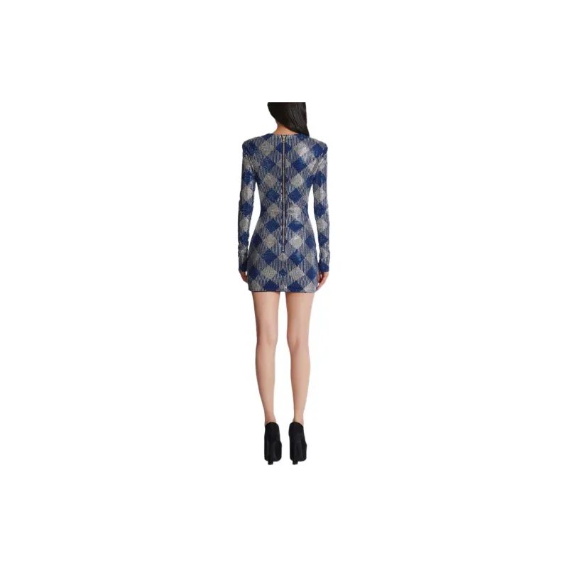 BALMAIN Gingham Rhinestone Mini Dress-2