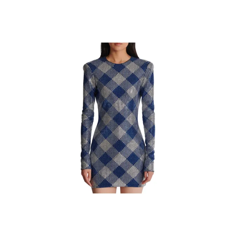 BALMAIN Gingham Rhinestone Mini Dress-4