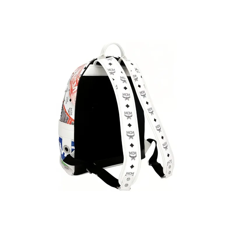 MCM Stark Visetos Coated Canvas With Leather Backpack Large Size Unisex White-1