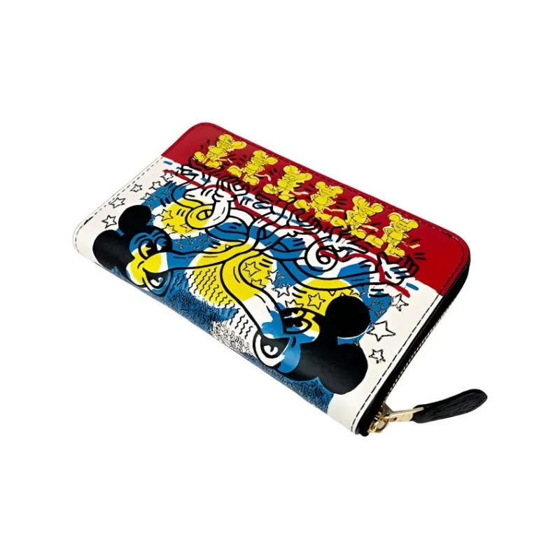COACH Keith Haring Collaboration Id Zip Wallet Pebbled Leather Clutches Wallets Small Size Unisex White & Red & Blue-3