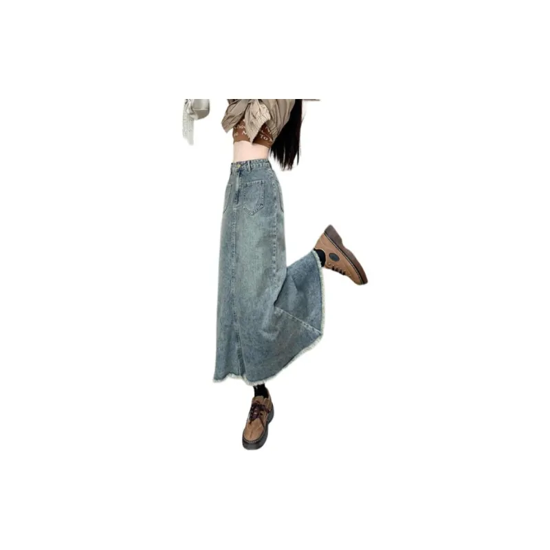 ZNZW Denim Long Skirts Women's Vintage Blue-2