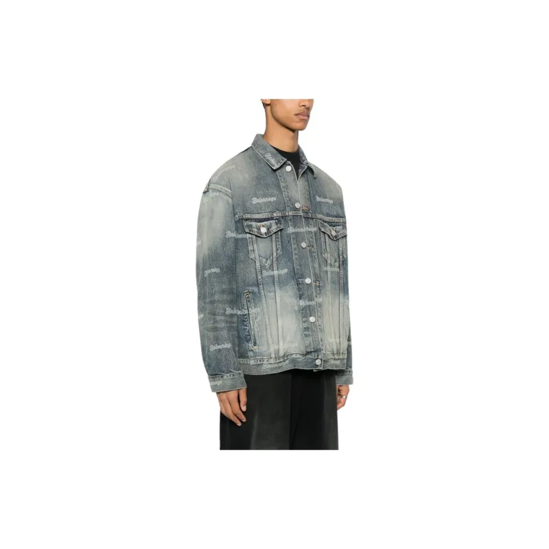Balenciaga Distressed Logo Printed Denim Jacket-5