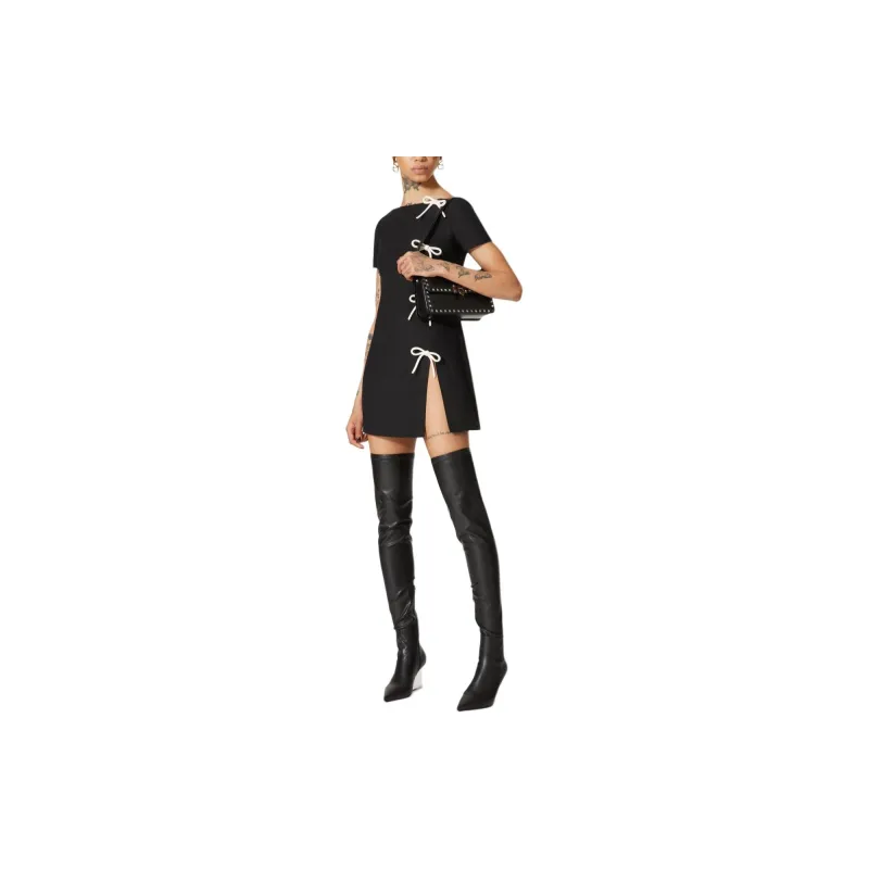 Valentino Crepe Couture Short Dress Short Sleeved Dresses Women's Black-4
