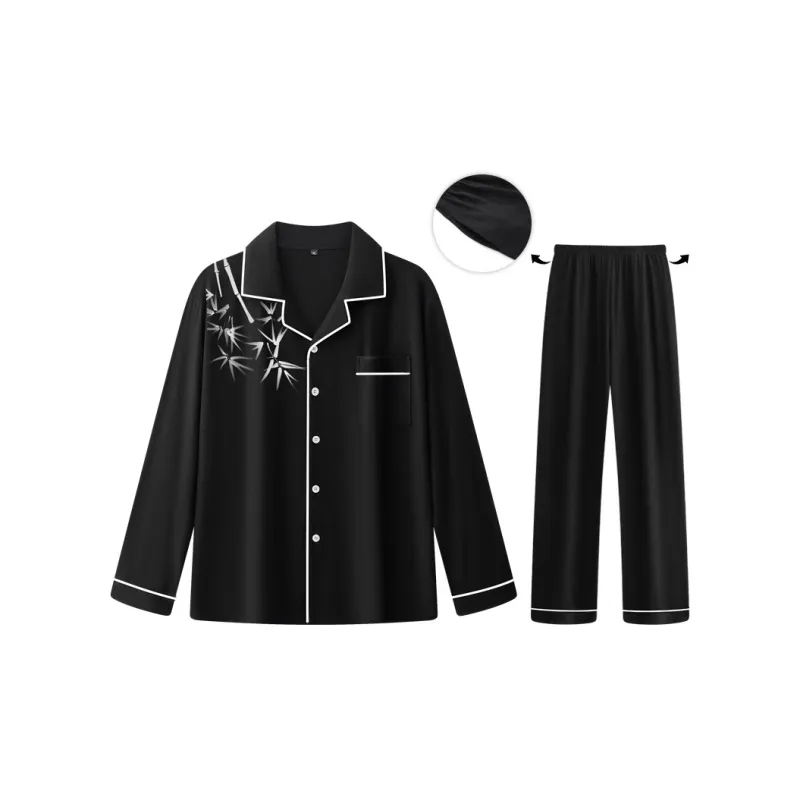 Qiao Ni Tong Pajama Set Spring Fall Winter Style Men's Bamboo Night Black-1