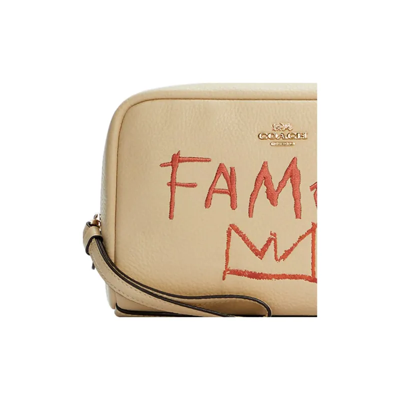 COACH X Basquiat Boxy Leather Clutch Makeup Bag Trumpets Women's Ivory White-2