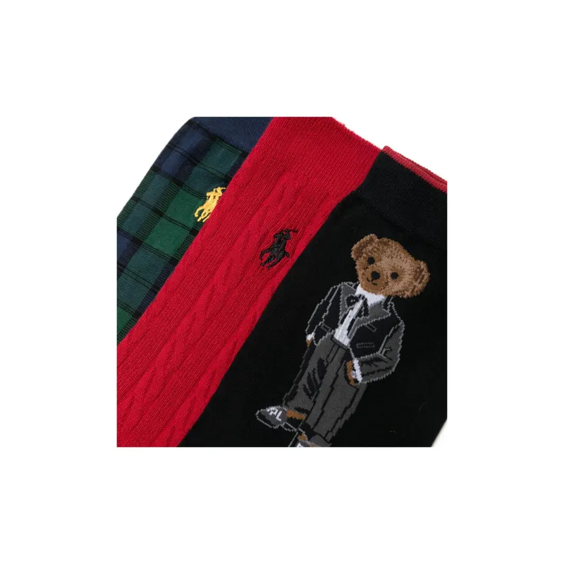 Polo Ralph Lauren FW24 Mid-Calf Socks Unisex 3 Pack Scarlet+Marine Blue/Forest Green+Black-1