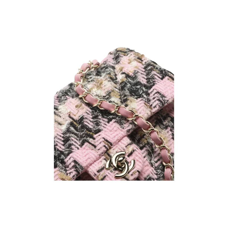 CHANEL Classic Flap CF Wool Crossbody Bags Women's Light Pink & Black & Beige-3
