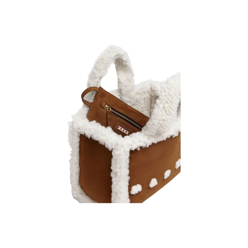 MARNI Shearling Trim Logo Detailed Tote Bag-4