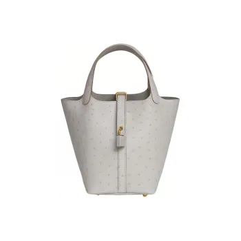 HERMES Picotin Ostrich Leather Bucket Bags Handbags Women's 80 Gris Perle Pearl Gray