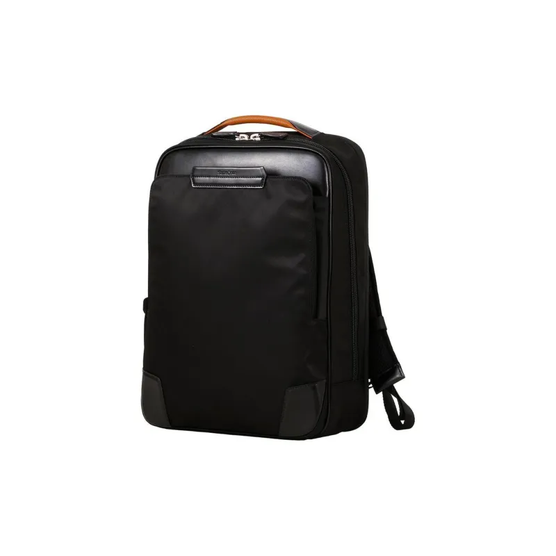 SAMSONITE Cow Leather Patchwork With Recycled Polyester Backpack Medium Size Unisex Black & Orange-1