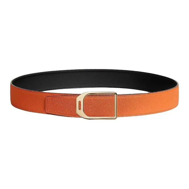 HERMES Calfskin Leather Belts Men's Black Orange Width: 3.8CM-1
