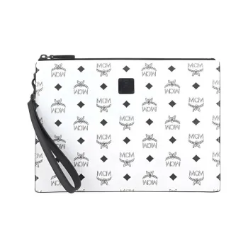 MCM Aren Canvas With Leather Wrist Bag Clutch Medium Size Unisex White