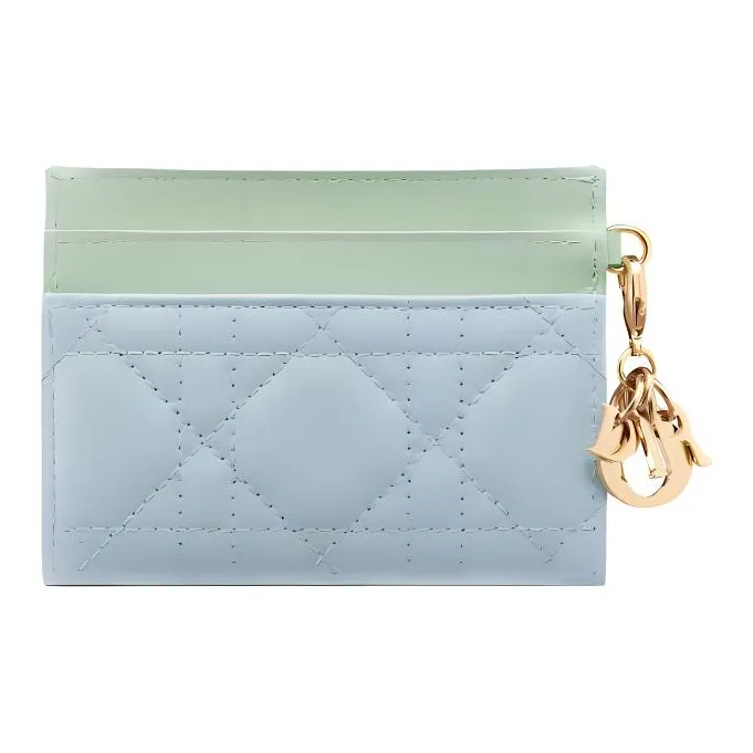 DIOR Lady Dior Sheepskin Card Holder Women's Light Mint Green With Space Blue Accents-1