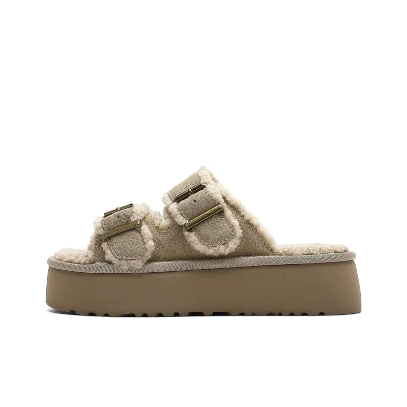 HARSON Slide Slippers Women's Apricot Fleece Lined/Brown Fleece Lined-0