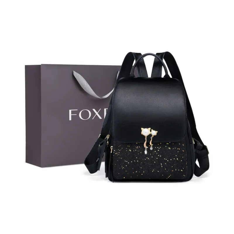 FOXER Cow Leather Handbag, Shoulder Bag, Backpack Medium Size Women's Black-1