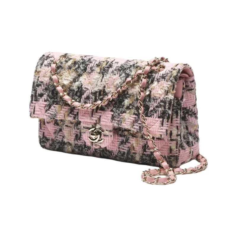 CHANEL Classic Flap CF Wool Crossbody Bags Women's Light Pink & Black & Beige-1