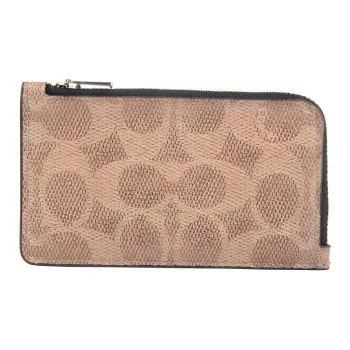 COACH L-Zip Canvas With Leather Card Clip Zero Wallet Card Holder Men's Black With Apricot Cream And Khaki Monogram