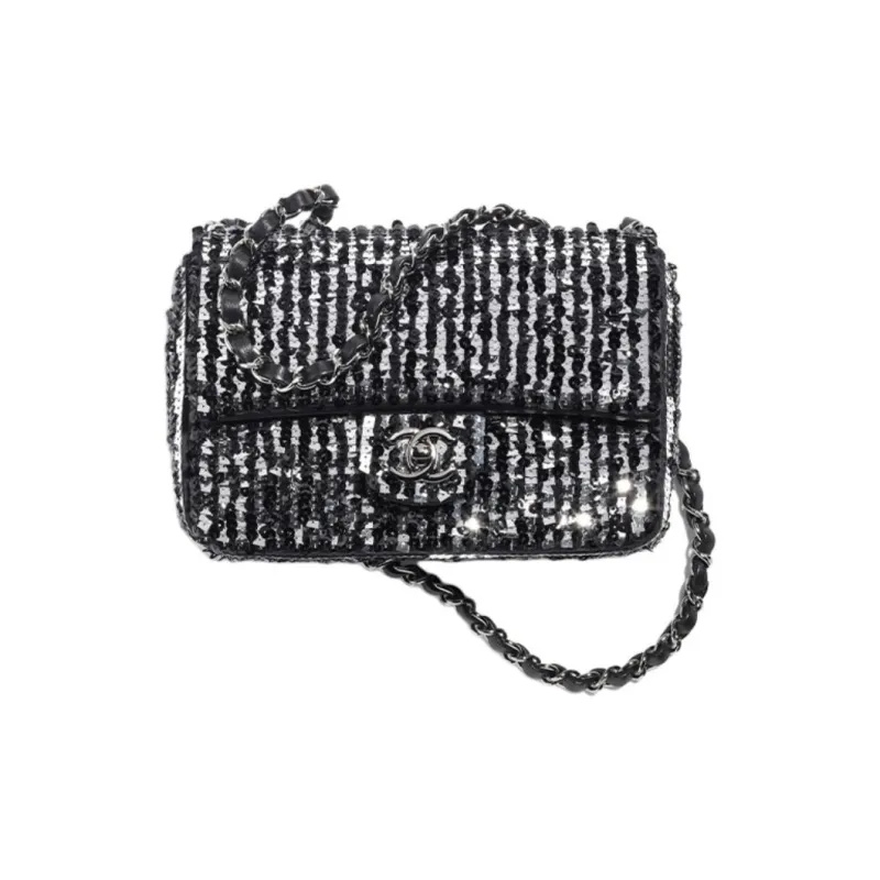 CHANEL Sequins Flap Bag, Crossbody Bag, Shoulder Bag Women's Black & Silver-0