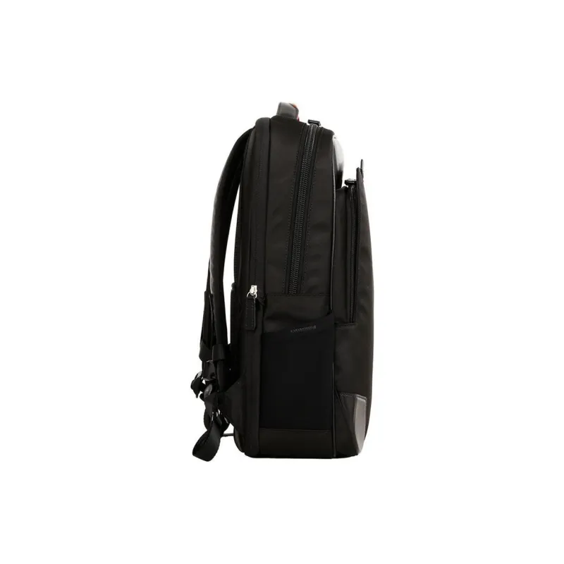 SAMSONITE Cow Leather Patchwork With Recycled Polyester Backpack Medium Size Unisex Black & Orange-4