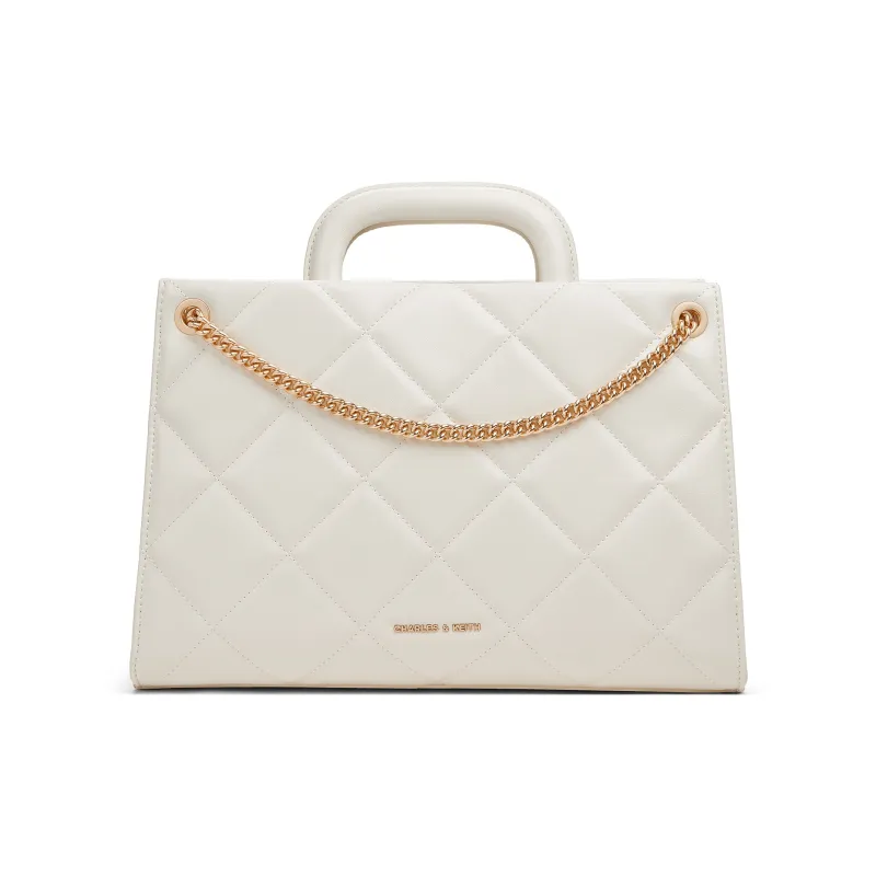 CHARLES&KEITH PU One Shoulder Handbag Medium Size Women's Black/Cream, Milk White/Silver-5