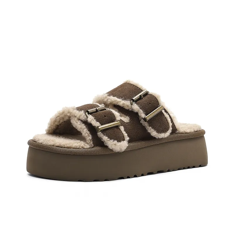 HARSON Slide Slippers Women's Apricot Fleece Lined/Brown Fleece Lined-4