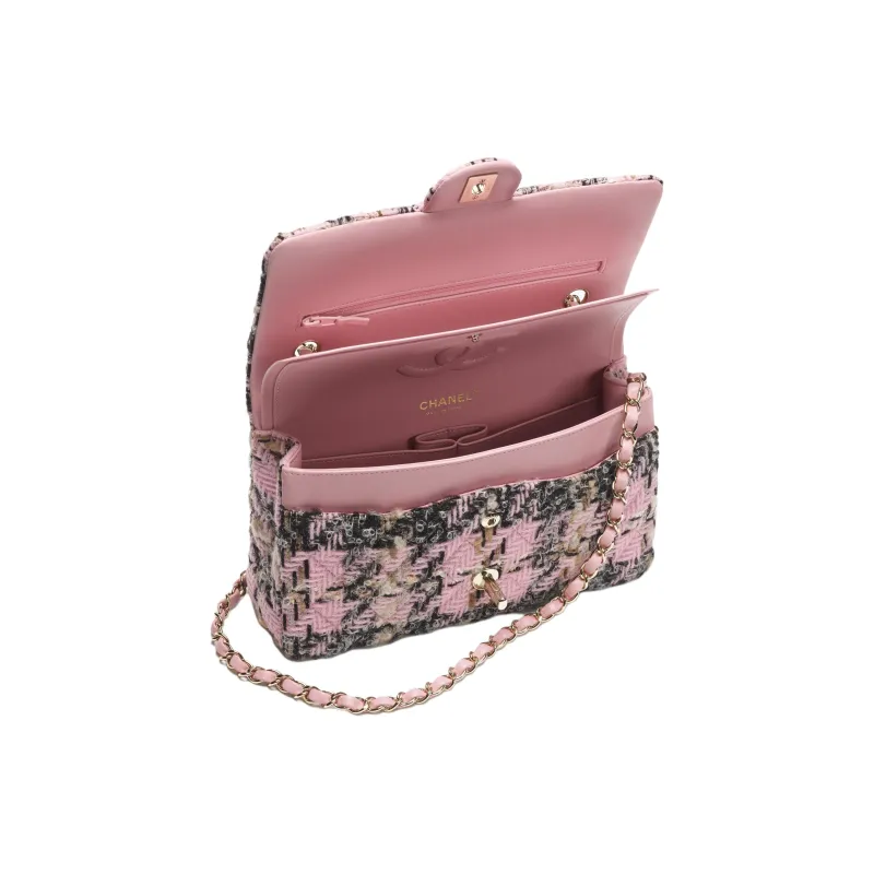 CHANEL Classic Flap CF Wool Crossbody Bags Women's Light Pink & Black & Beige-2