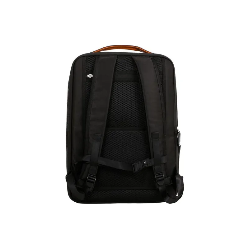 SAMSONITE Cow Leather Patchwork With Recycled Polyester Backpack Medium Size Unisex Black & Orange-3