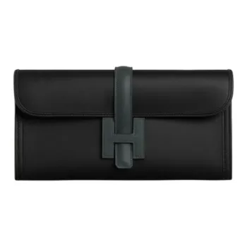 HERMES Jige Elan Swift Calfskin Clutch Regular Women's Black & Dark Green