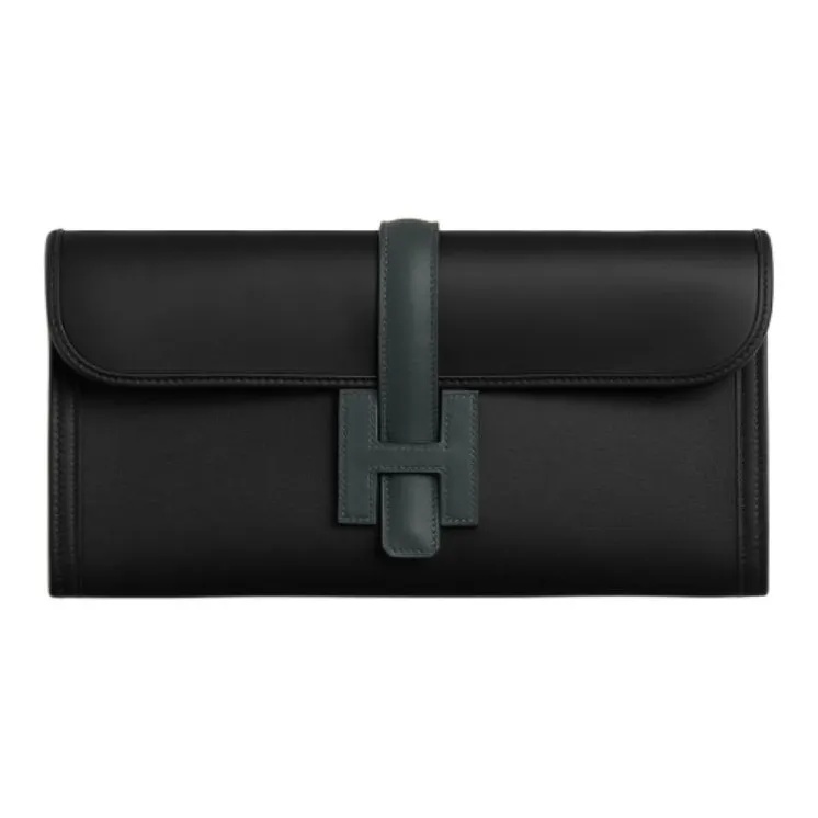 HERMES Jige Elan Swift Calfskin Clutch Regular Women's Black & Dark Green-0