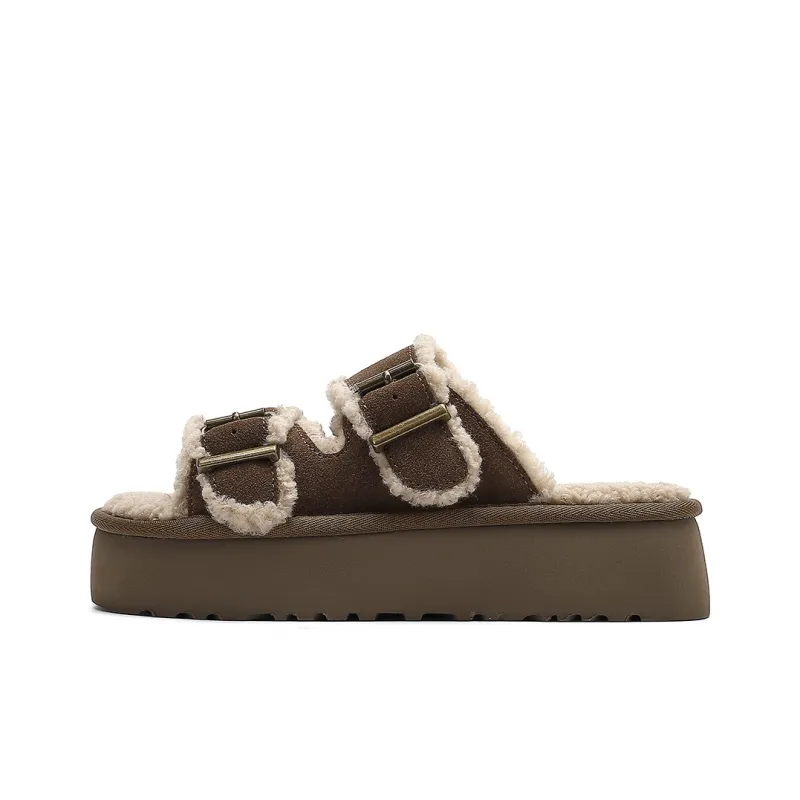 HARSON Slide Slippers Women's Apricot Fleece Lined/Brown Fleece Lined-3