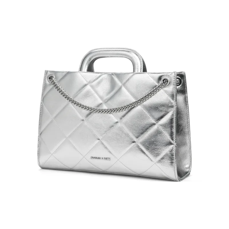CHARLES&KEITH PU One Shoulder Handbag Medium Size Women's Black/Cream, Milk White/Silver-11
